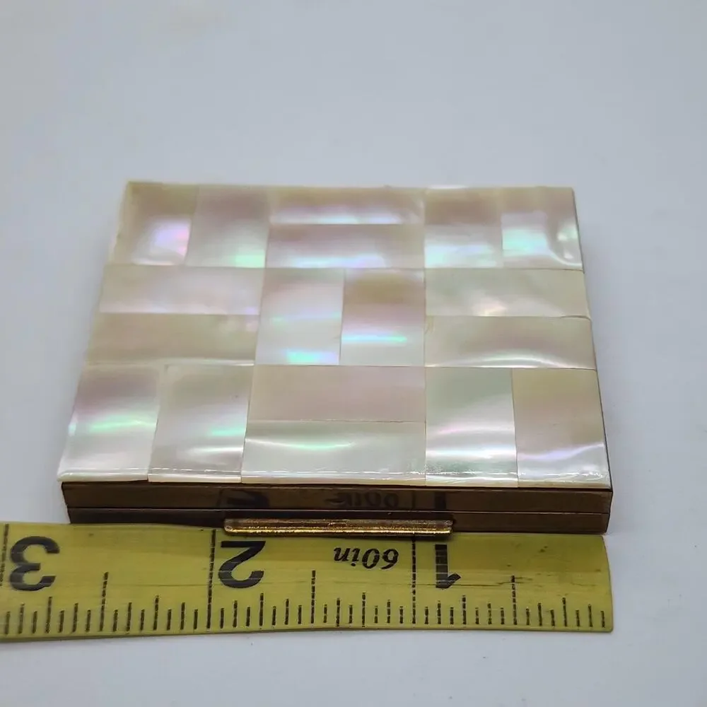 Vintage Mother of Pearl Inlay Powder Compact Basket Weave Gold Tone Mirror